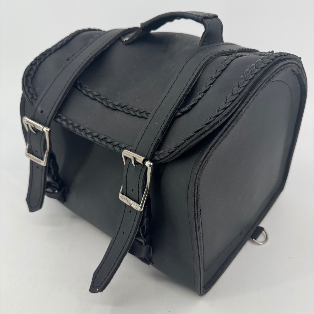 Interstate Leather Black Motorcycle Sissy Bar Bag Braided Trim Buckle Barrel Bag